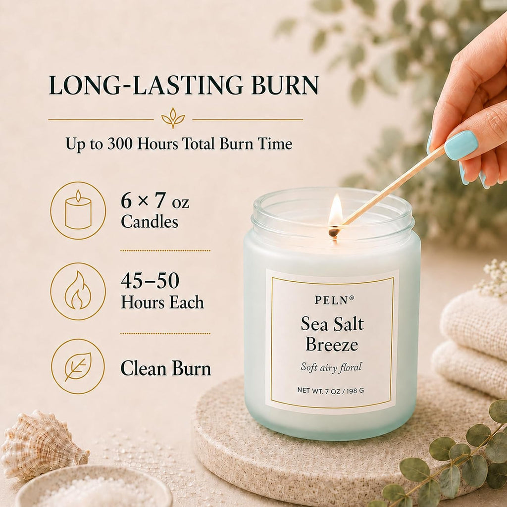 Scented Candles Gift Set, 6-Pack 7 oz Soy Candles, Fresh Botanical Scents | Eucalyptus, White Tea, Sea Salt & Peony.