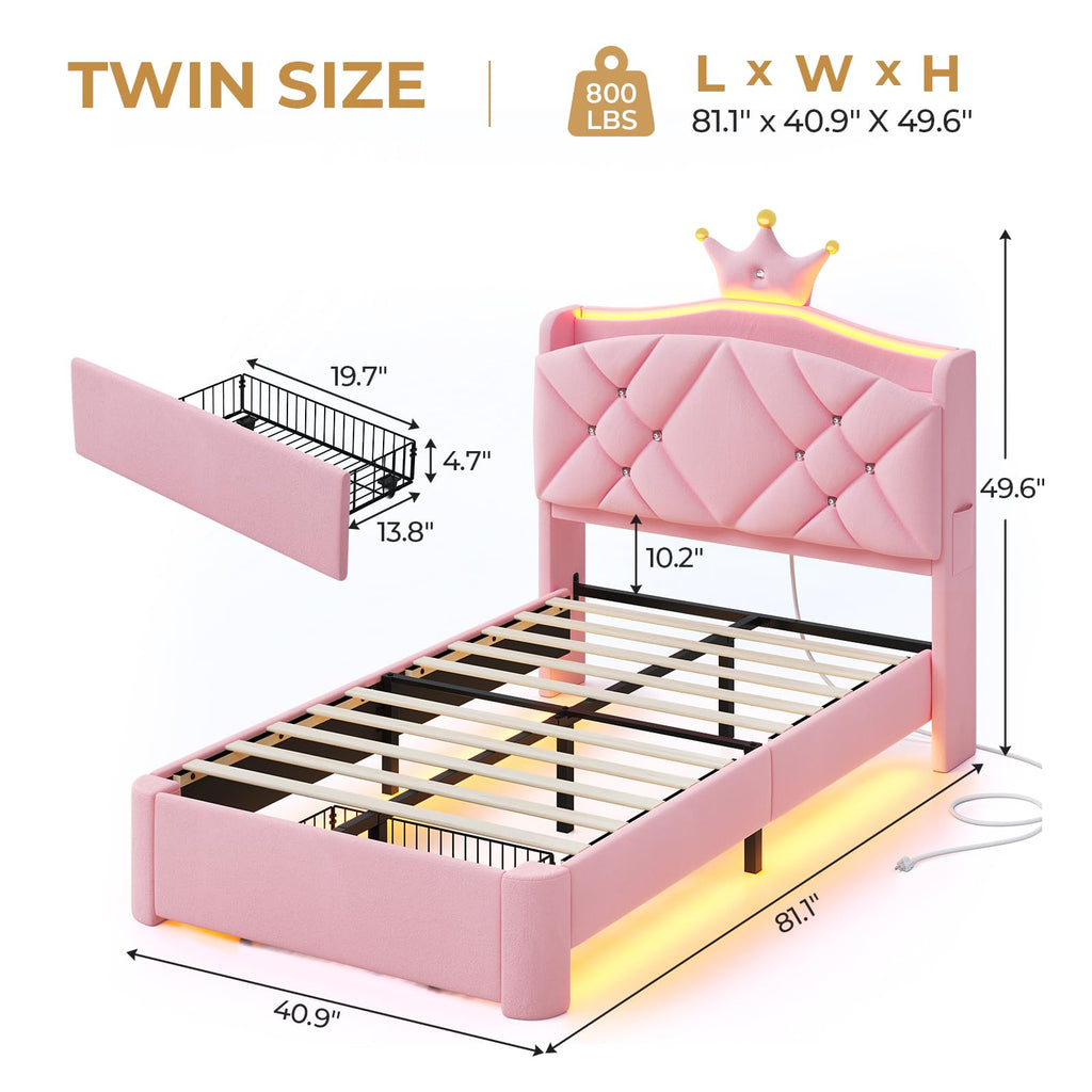 Twin LED Bed Frame with Storage Headboard & Drawer, Princess Upholstered Bed with Charging Station & Crystal Button &