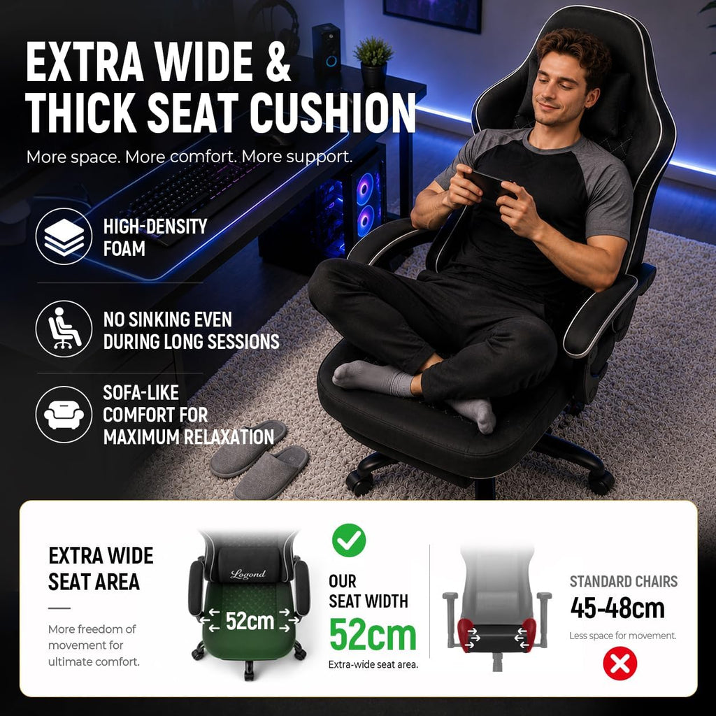 Gaming Chair for Adults with Footrest, Ergonomic Computer Chair, 330 lb | Heavy Duty Load Capacity, 52 cm Wingless