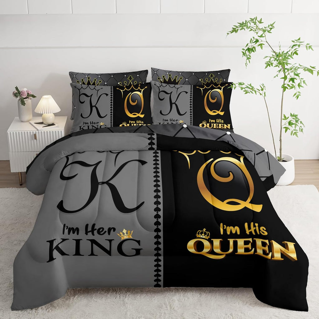 Grey and Black Comforter Set Queen IZE,7-Piece K and Q Printed Crown Couple Bed in a Bag,His Her Lover Comforter &
