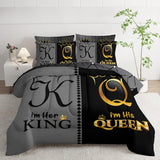 Grey and Black Comforter Set Queen IZE,7-Piece K and Q Printed Crown Couple Bed in a Bag,His Her Lover Comforter &