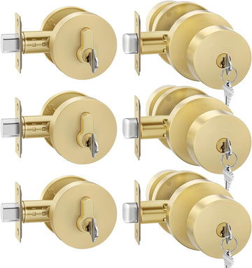 Brushed Gold Entry Door Knobs with Deadbolt Zinc-Alloy (3 Pack)