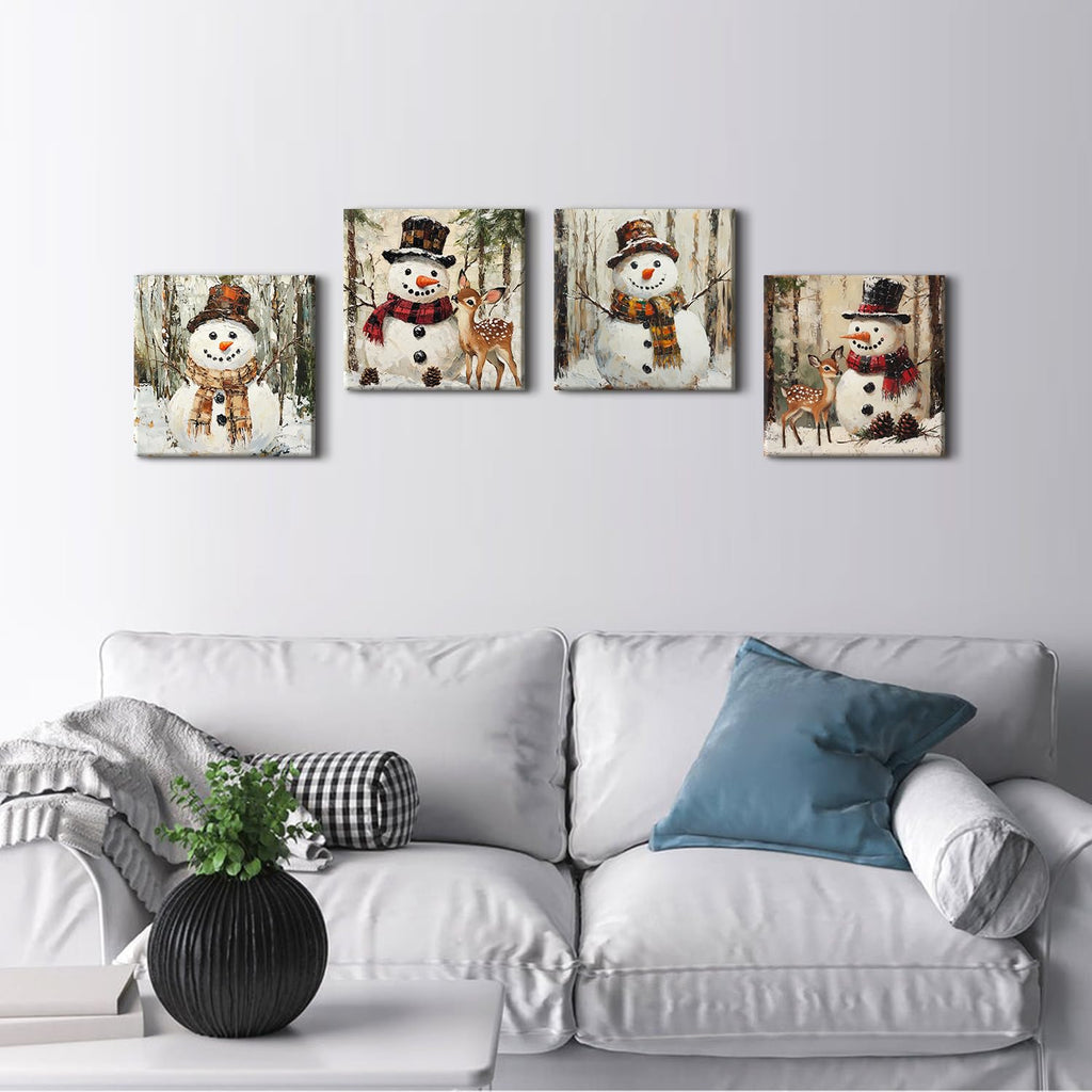 Christmas Snowman Canvas Wall Art Winter Holiday Home Decor Abstract Watercolor Snow Forest Pictures Vintage Snowman