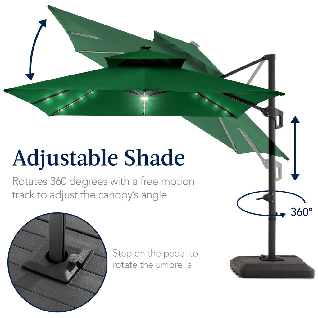 9x12ft LED Cantilever Patio Umbrella w/Base Included & 360° Rotation, Large Solar Offset Hanging Outdoor Sun Shade