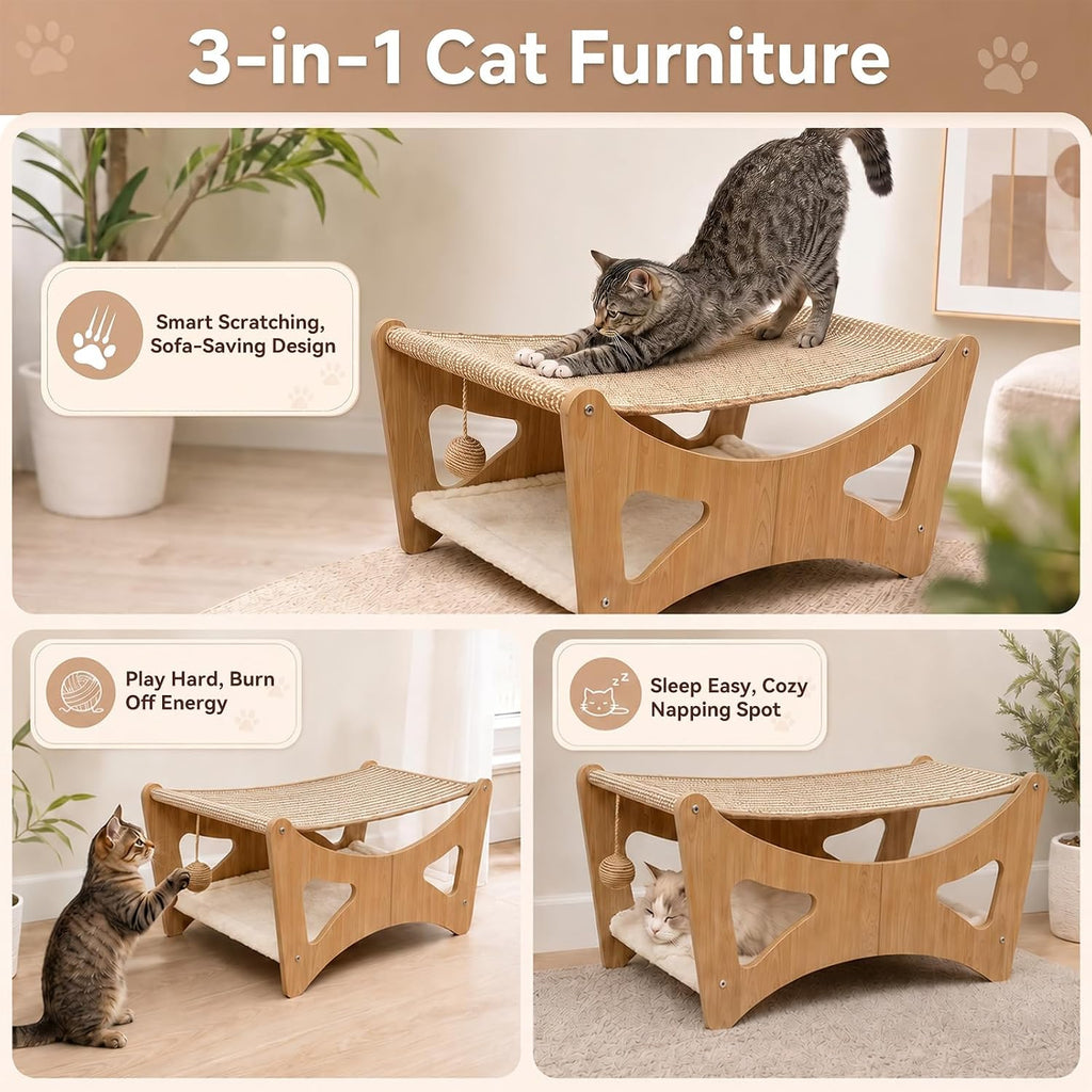 Cat Hammock Bed, 3 in 1 Elevated Bunk Cat Hammock Bed with Sisal Scratching Pad & Soft Plush Cushion, Wooden Cat