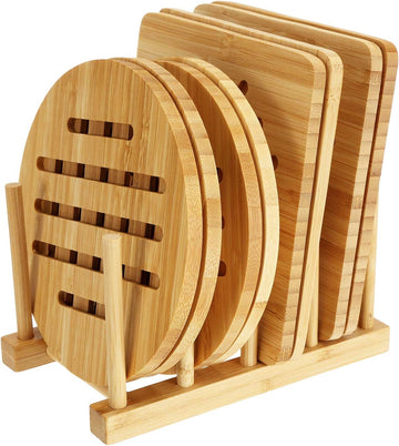 Bamboo Trivets with Dish Rack - Bamboo Trivet Mat Hot Pads Trivet for Hot Dishes, Pot, Bowl, Teapot - Set of 8