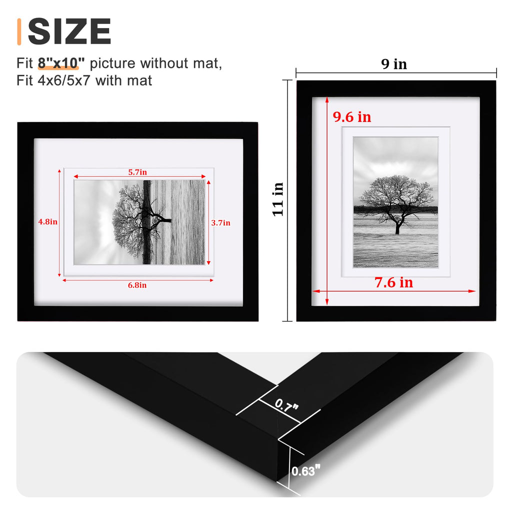 8x10 Picture Frames Set of 4, Made of Solid Wood Covered by Plexiglass 4x6 and 5x7 with Mat or 8x10 without Mat, for