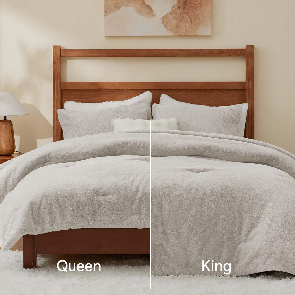 Faux Fur Comforter Set Linen, Warm Bedding with 2 Pilowcases