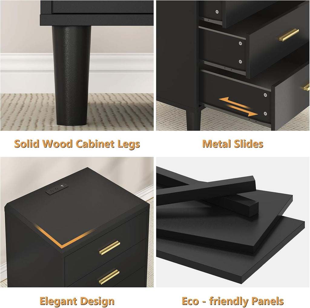 Nightstand with Charging Station, 3 Drawers Bedside Table with Solid Wood Legs, UL Certified Power Outlet End Table