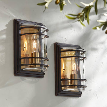 Modern Outdoor Wall Light Fixtures Set of 2 Bronze 11" Clear Glass Shade for Exterior Barn Deck House Porch Yard Patio Outside Garage Front Door Garden Home Roof Lawn A123-B098FCKQ6K