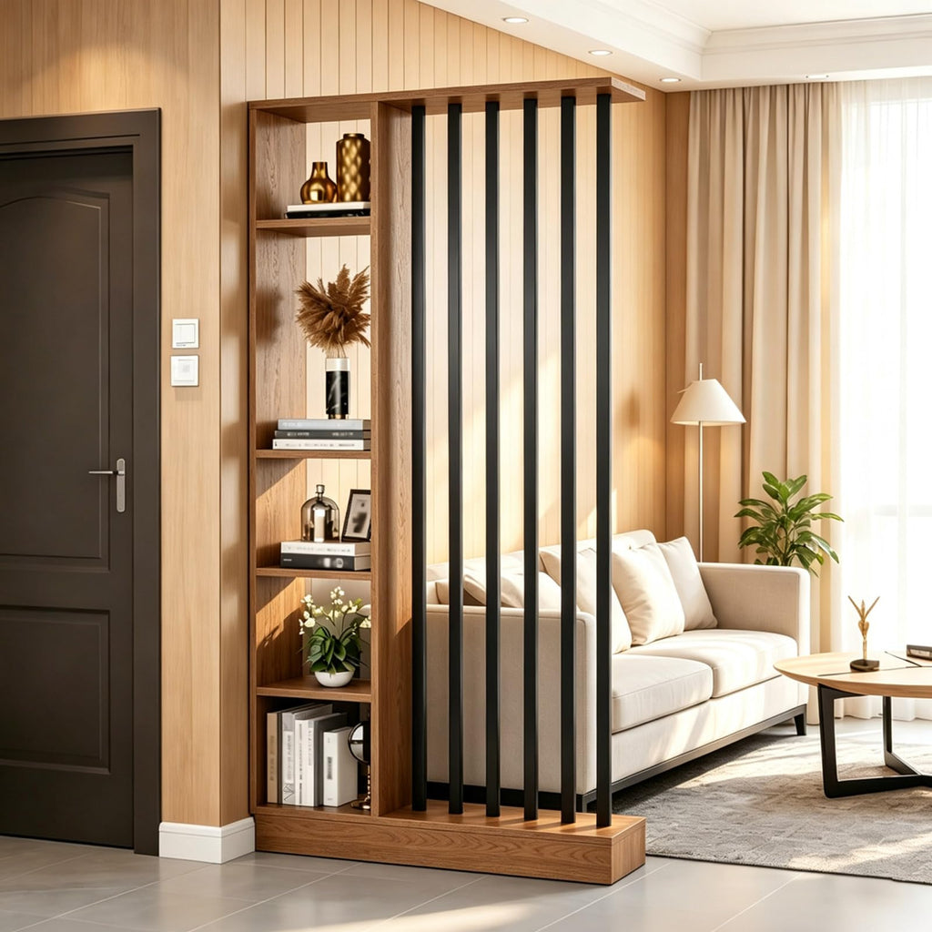 Freestanding Room Divider with Storage Shelves, Slatted Partition Bookcase