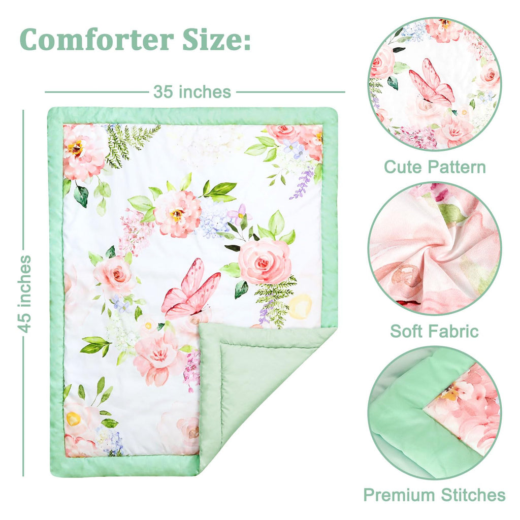 4 Piece Crib Bedding Set for Girls, Baby Girl Crib Bedding Set Butterflies Floral Nursery Bedding Set Includes
