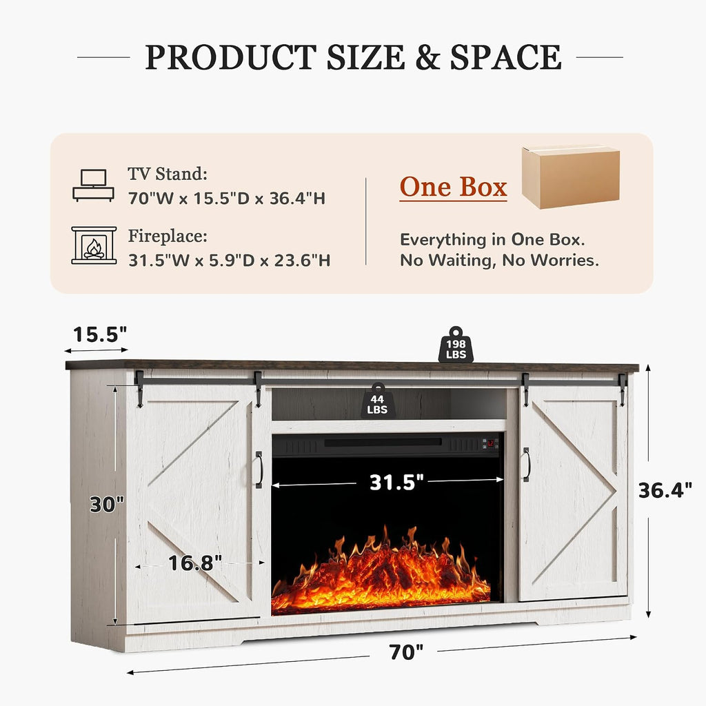 70'' Fireplace TV Stand for 85 Inch TV, 36" Tall Farmhouse Entertainment Center with Electric Fireplace, Rustic Media