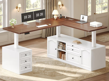 Farmhouse L Shaped Executive Electric Standing Desk with 6 Drawers