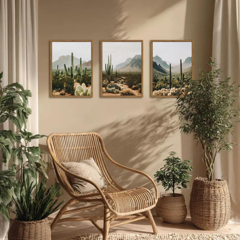 Framed Desert Landscape Wall Art Set of 3, Vintage Southwestern Cactus Wall Decor Paintings, Mexican Mountain