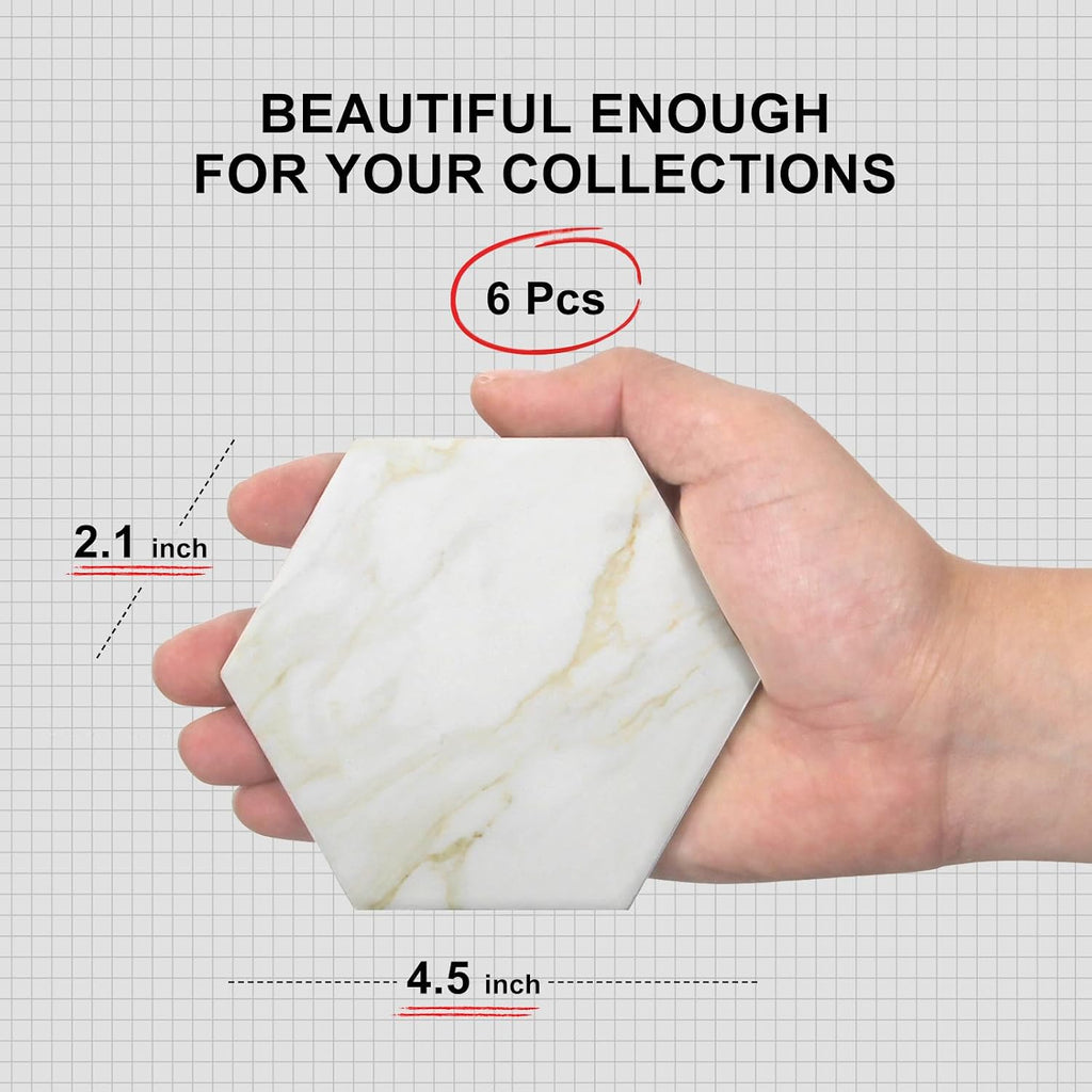 White Marble Coaster Set with Holder Hexagon Ceramic Coasters Absorbent Coasters Drink Coasters Set for Coffee - Set of 6