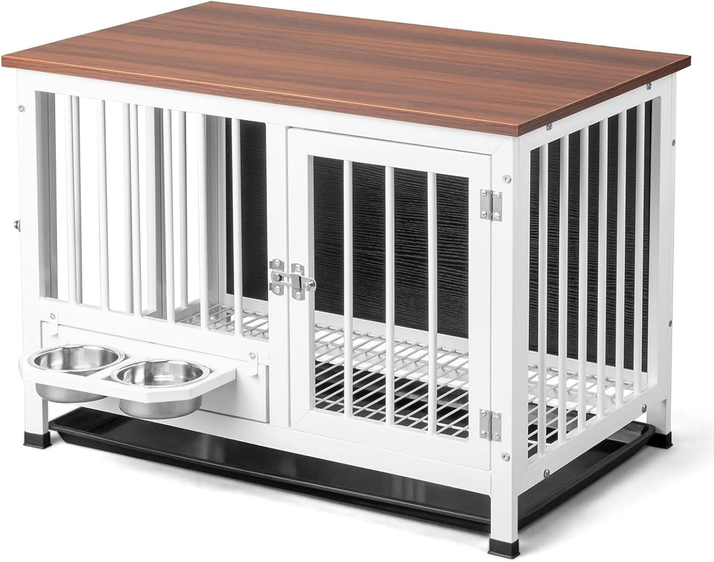 Dog Crate Furniture, 32.5" Wooden Dog Kennel with 360° Swivel Feeder, Dog Cage Indoor for Small and Medium Dogs, Easy