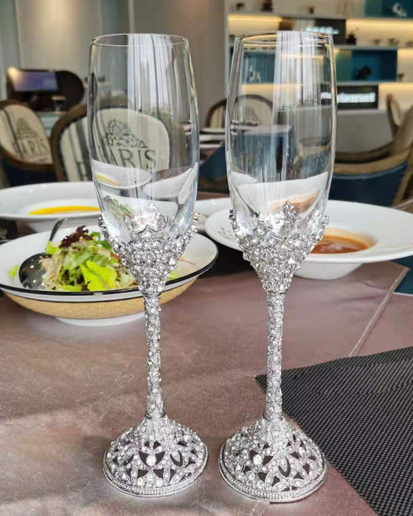 Champagne Flutes - Crystal Glass Metal Base With Crystal Stones, Set of 2 Toasting Flute Pair, Wedding Anniversary