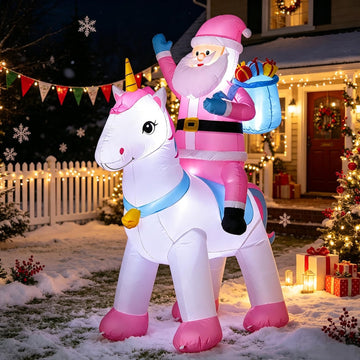 6FT Inflatable Pink Santa Riding Unicorn Christmas Yard Decoration