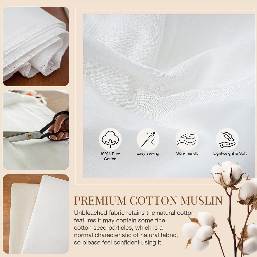 100% Cotton Muslin Fabric, 59" inch Wide Soft, Breathable, and Muslin Linen Fabric Versatile Material for Sewing