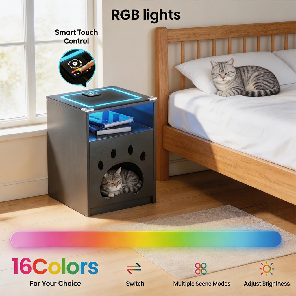 Cat House Night Cabinet with Charging Station & LED Lights, Modern Wooden Night Stand with Cozy Hidden Cat Condo