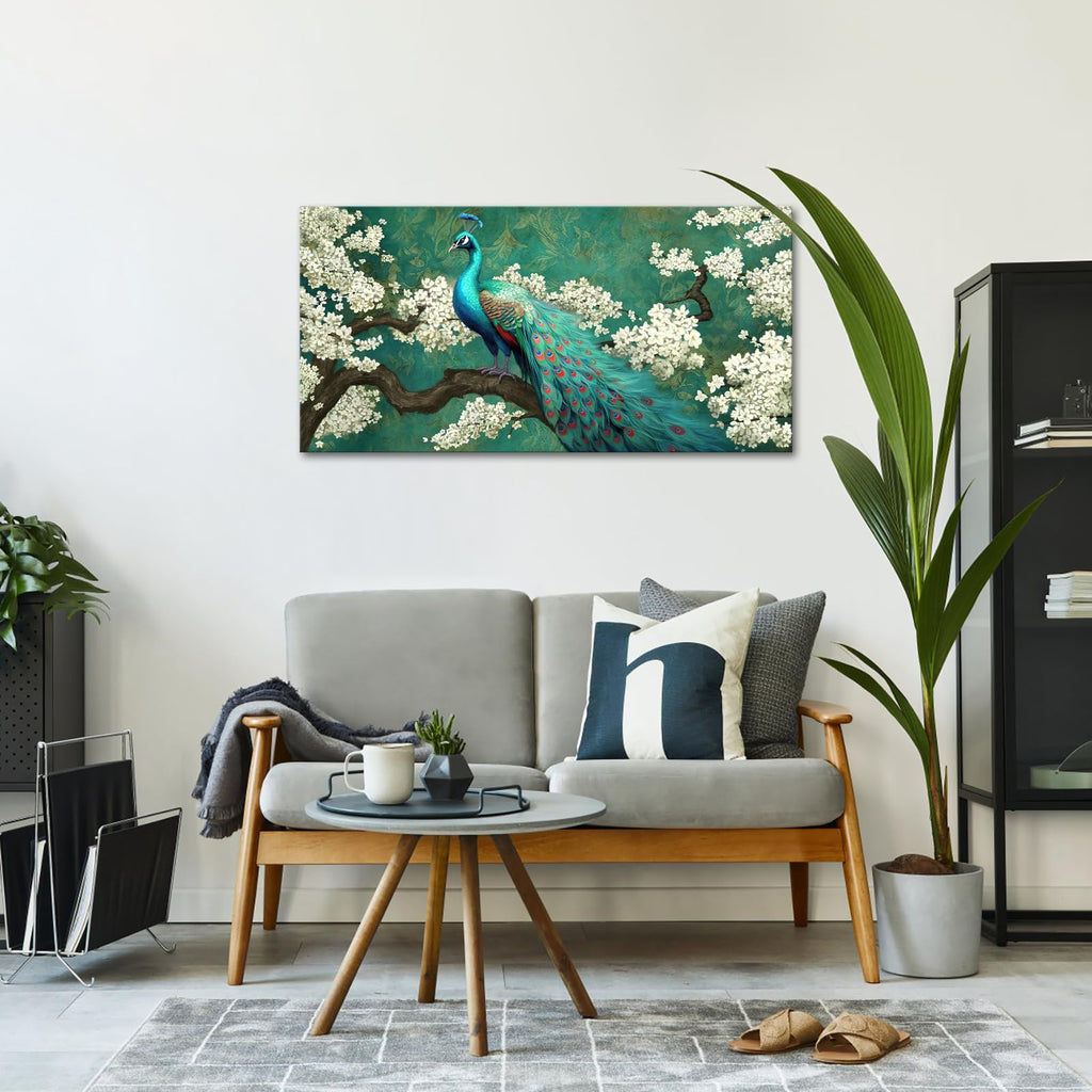 Peacock Canvas Wall Art Green and White Flower Elegant Animal Painting Pictures Artworks Bedroom Wall Decor Ready to