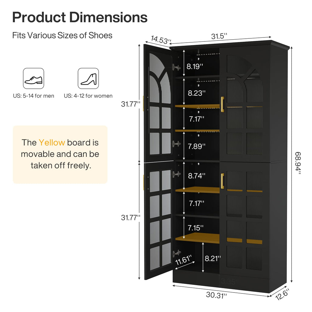 Tall Shoe Cabinet with Doors & Led Light, 8-Tier, Modern