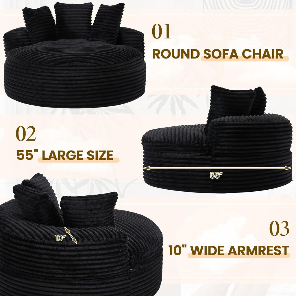 55'' Oversized Round Boneless Chair, Cozy Corduroy Cloud Chair with 3 Pillows, Deep Seat Chaise Lounge Chair Indoor