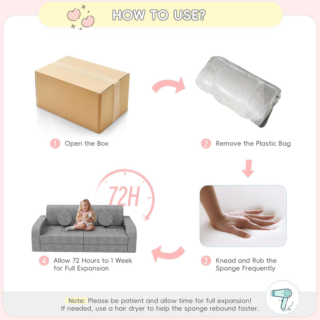 Piece Modular Kids Play Couch, Convertible Sofa, Grey