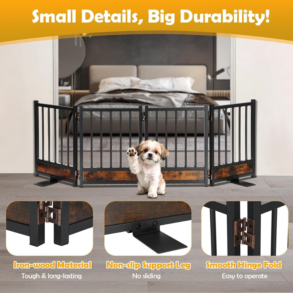 Freestanding Short Dog Gate, 16" Tall Pet Gate Indoor with Support Feet Easily Step Over, 4 Panel Metal Wood Foldable