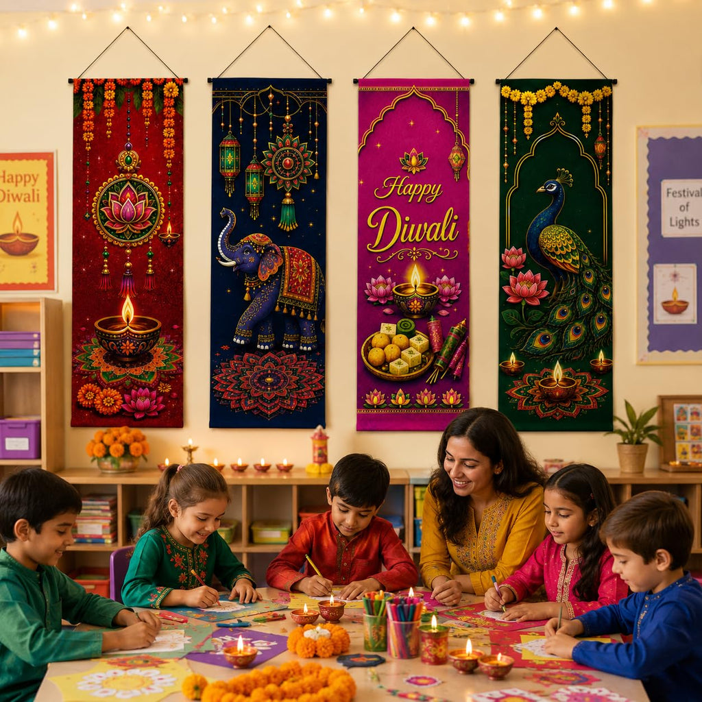 4 Pcs Happy Diwali Banner Set, Diwali Door Decorations 16.1 x 47.2 Inch, Indian Festival of Lights Porch Signs with