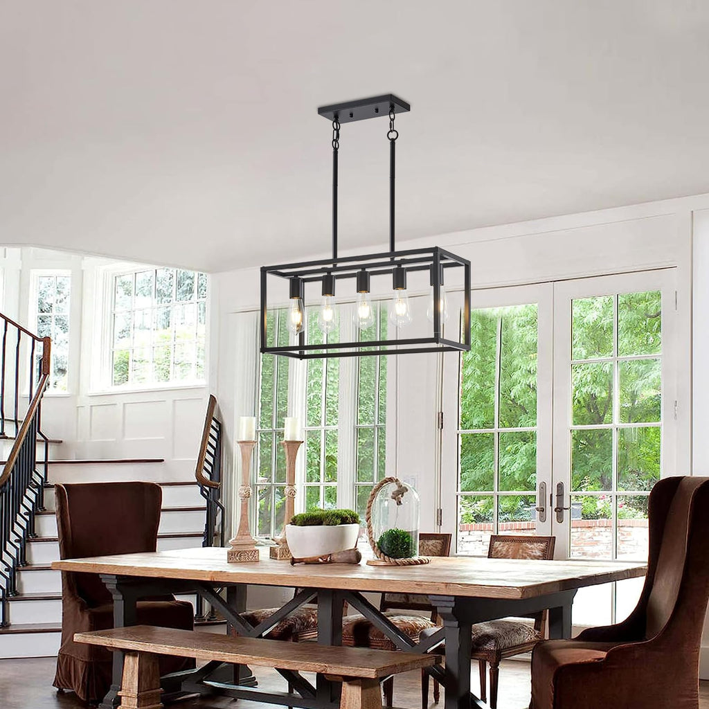 5-Light Kitchen Light Fixtures Black Farmhouse Chandelier Rectangular Dining Room Light Fixture Linear Pendant