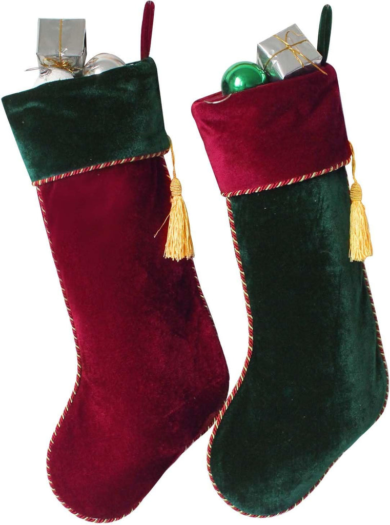 Set of 2 Pcs Burgundy & Green Velvet Vintage with Tassel Christmas Stocking, Xmas Tree Decor Festival Party Ornament