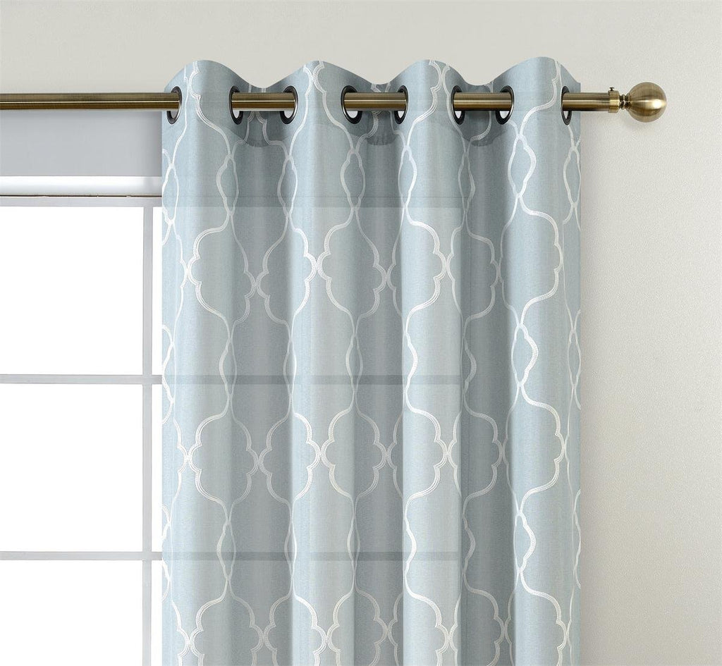 Moroccan Embroidery Semi Sheer Curtains Faux Linen Grommet Curtains 52 x 84 Inch 2 Panels Set, Sea Foam