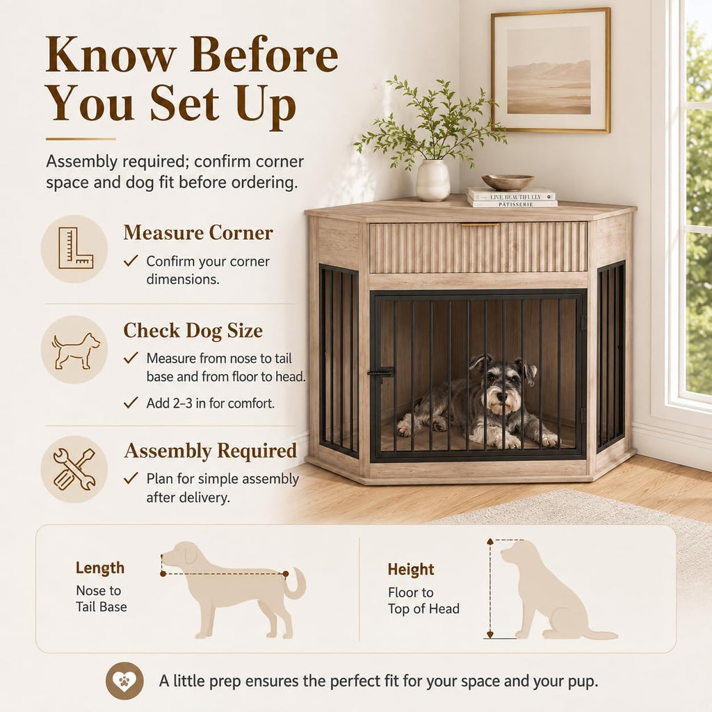 Corner Dog Crate Furniture with Fluted Drawer