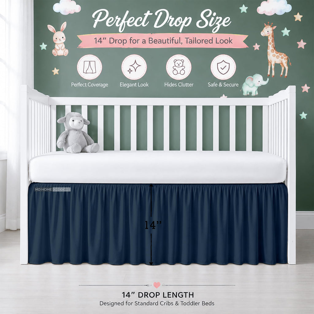 Cotton Crib Bed Skirt Dust Ruffle with Split Corners, 14" Drop, Navy Blue
