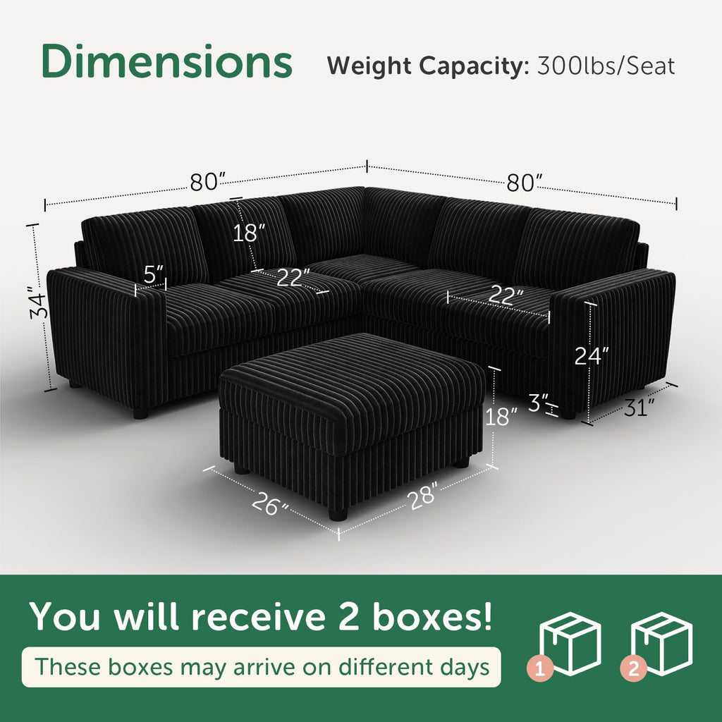 Corduroy Sectional Sofa with Ottoman, 6 Seat L Shaped Couch, Black