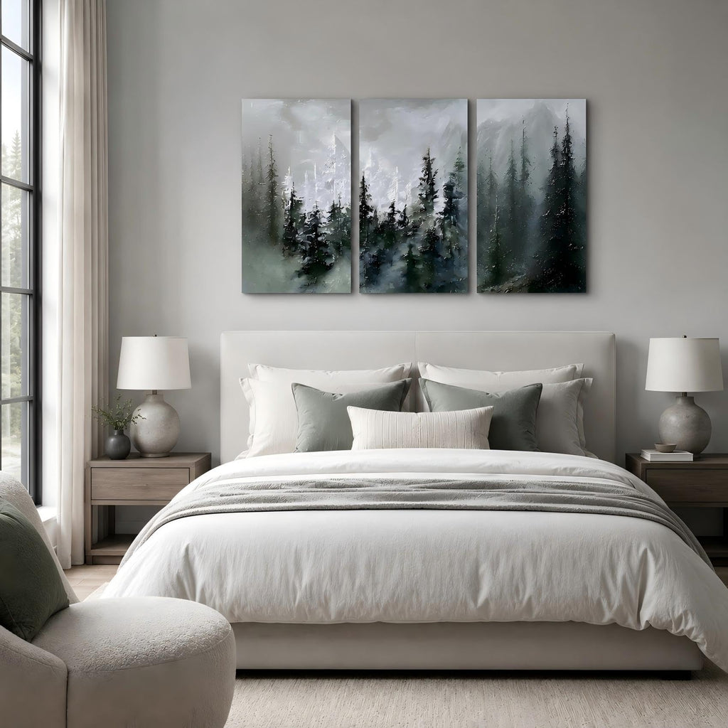 Nature Landscape Framed 3‐Panel Canvas Wall Art, Textured Impasto Foggy Conifer Forest With Misty Mountain Backdrop
