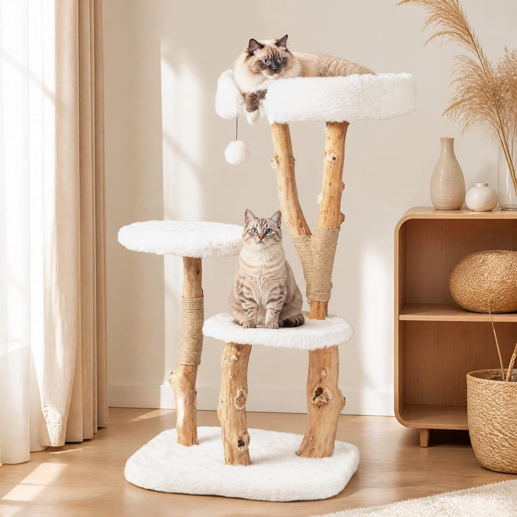 44 inch Wood Cat Tree, Modern Wooden Cat Tower with Jute Scratching Posts, Top Perch, Soft Long Plush and Dangling