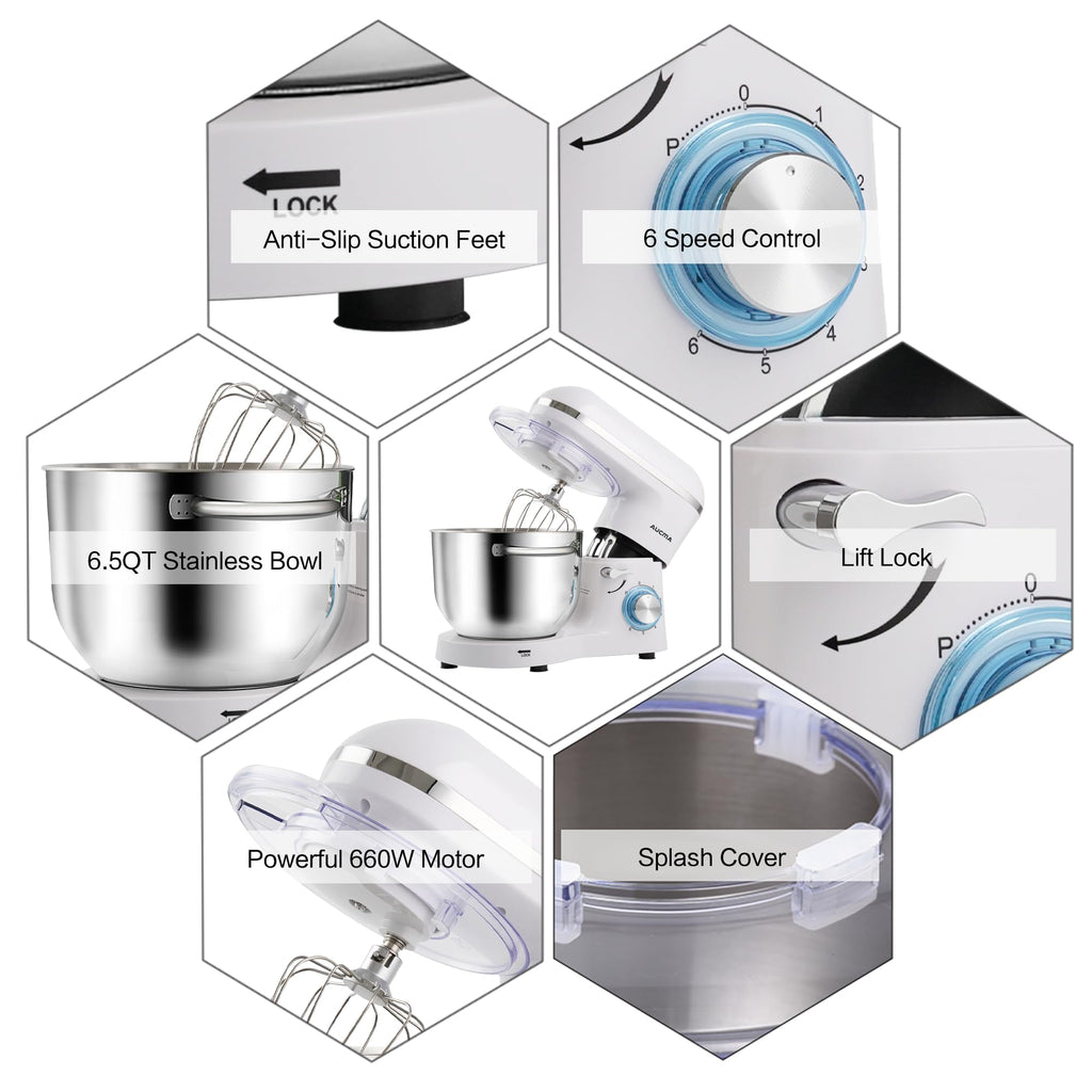 Stand Mixer,6.5-QT 660W 6-Speed Tilt-Head Food Mixer, Kitchen Electric Mixer with Dough Hook, Wire Whip & Beater