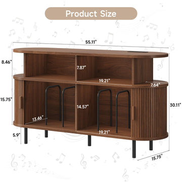 55" Large Round Record Player Stand with Charging Station, Walnut