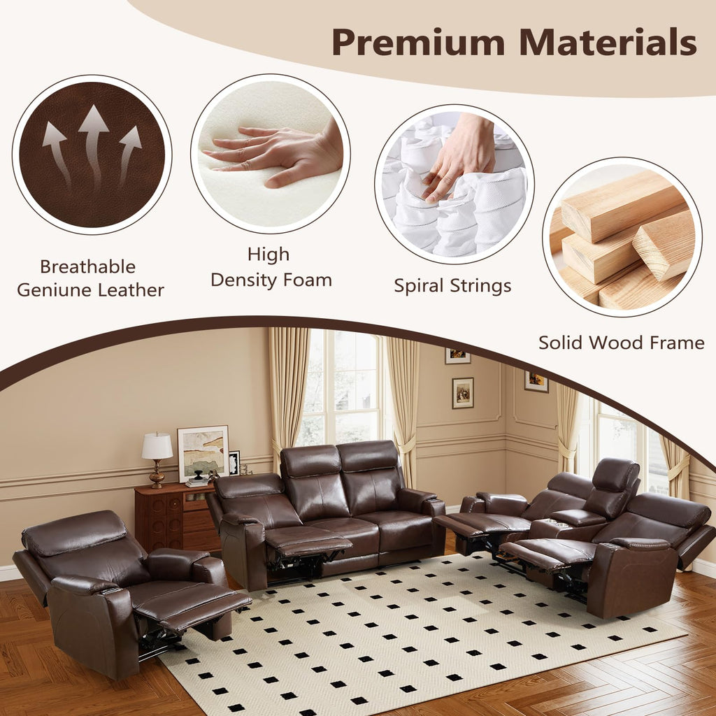 81" Wide Dual Motor Power 3-Setaer Recliner Sofa with Center Console &Cup Holders, 2 Top Grain Leather Electric