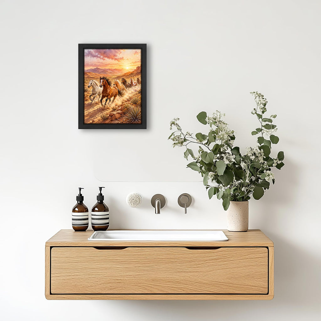 Running Horses Decor Wall Art, Western Sunset Landscape Picture 16"x20"