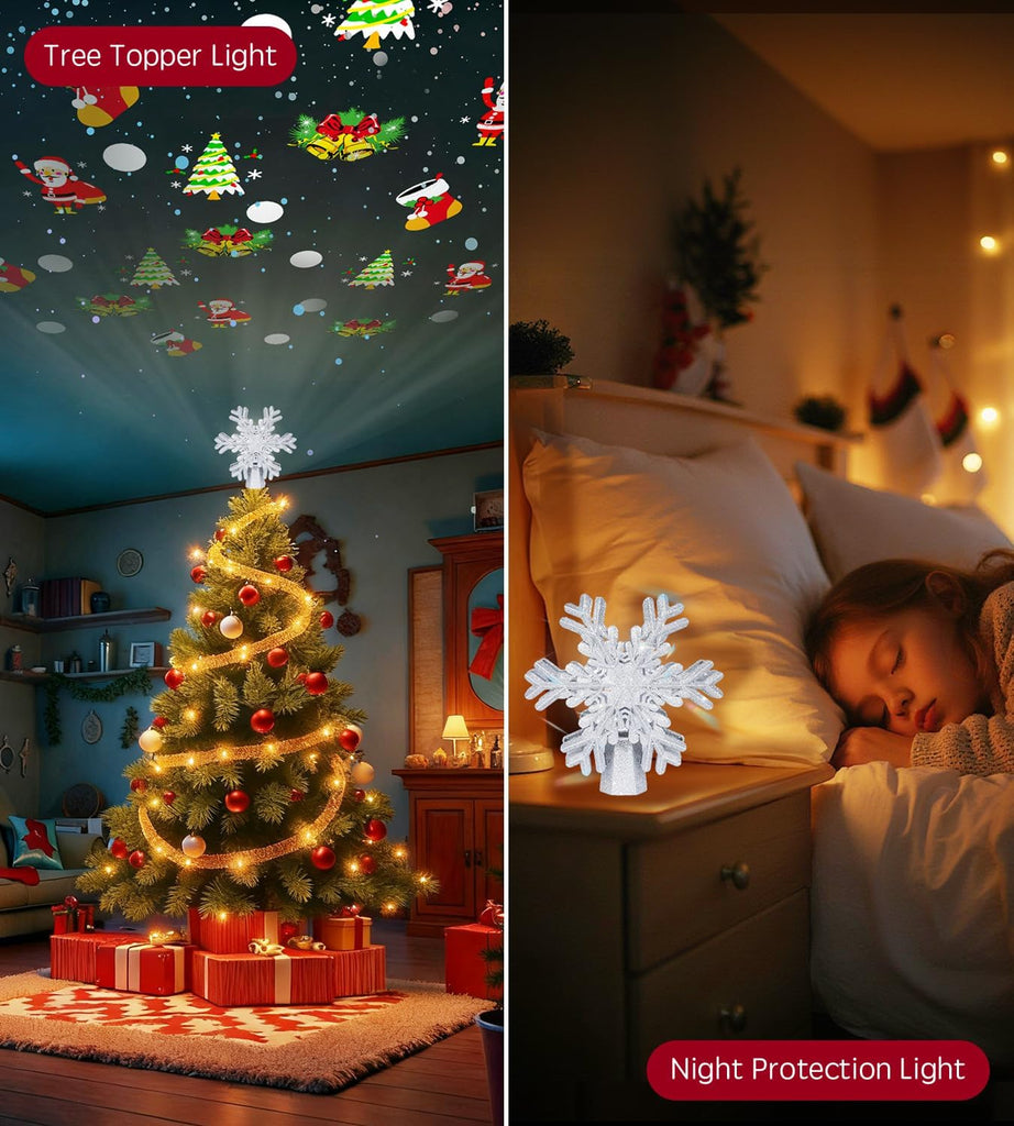 Tree Topper Lighted Decorations, Built-in Led 360° Rotating Projector Lights, Silver Spangles Plug in for Indoor Home