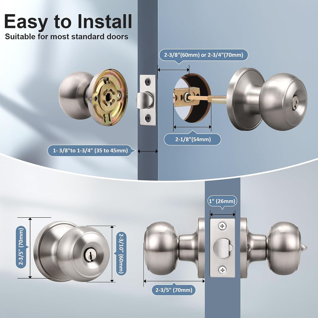 2 Pack Brushed Nickel Door Knob with Lock and Key, Keyed Alike, Exterior Keyed Door Knobs Lock with Same Keys in