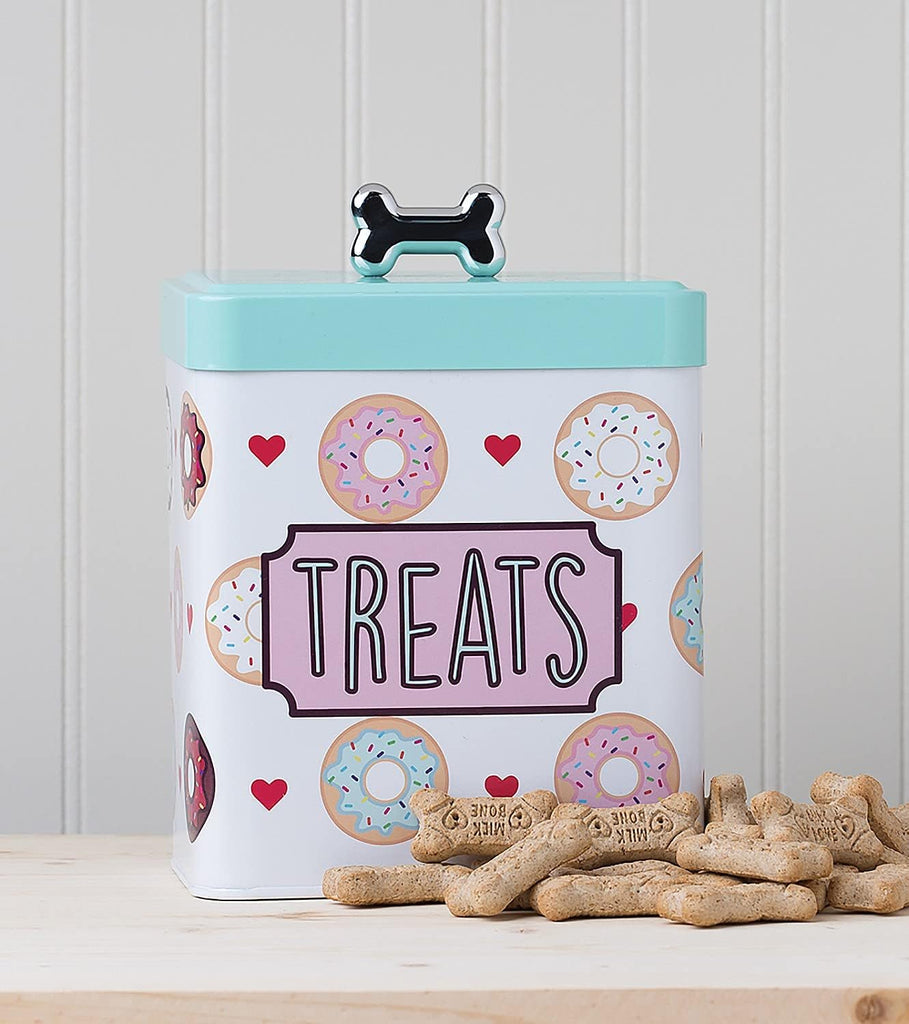 Pet, Barkers Dozen Metal Treats Canister, Doughnuts and Hearts Design, Food Safe, Push Top Lid with Metal Bone Shaped