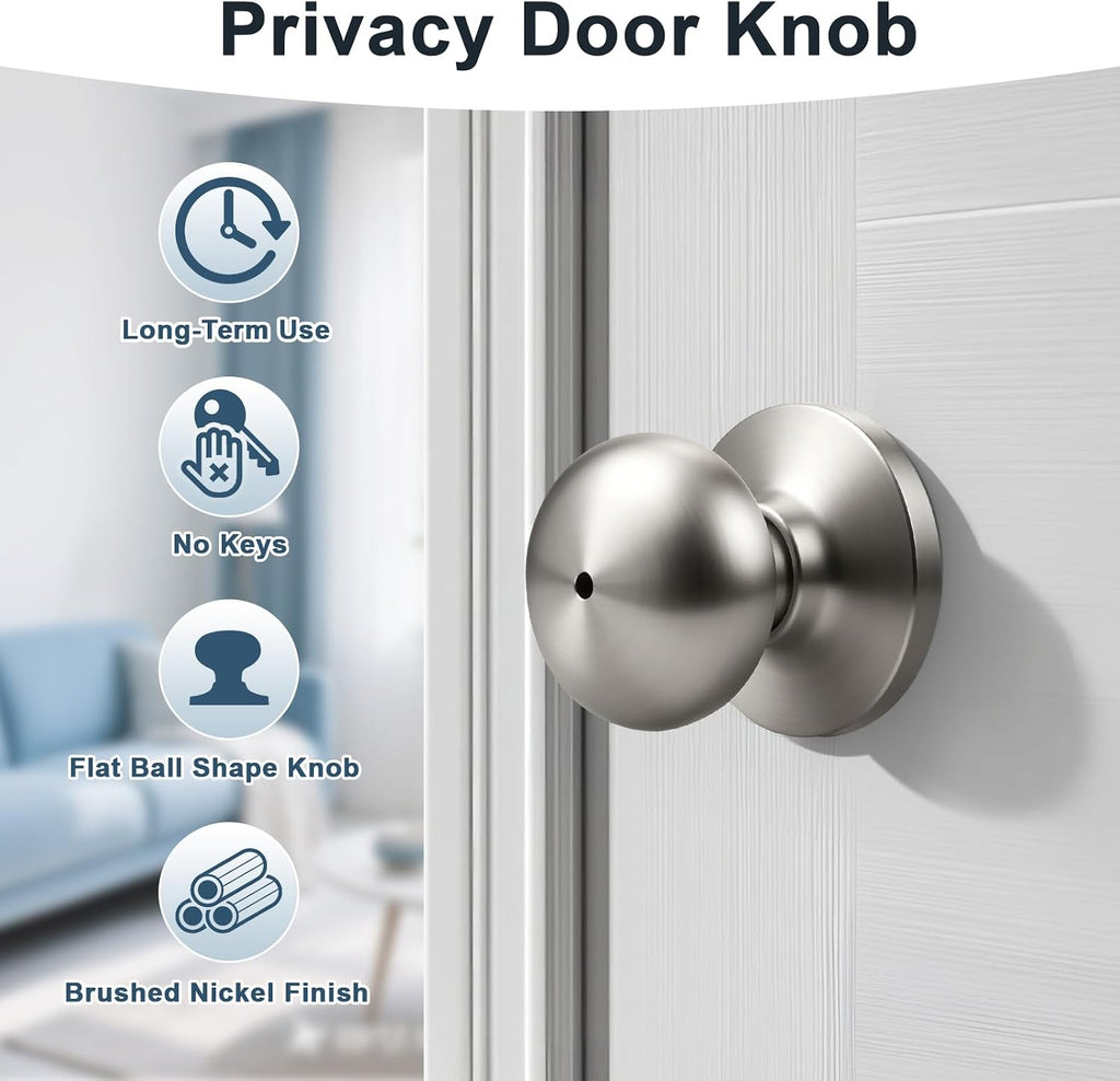 Brushed Nickel Interior Door Knobs, Keyless Privacy Door Knob Bathroom, Stainless Steel Indoor Door Knobset, Flat