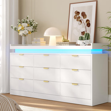 9 Drawer Dresser, White Dresser with LED Lights and Power Outlet, Large Wooden Dressers Modern Chest of Drawers