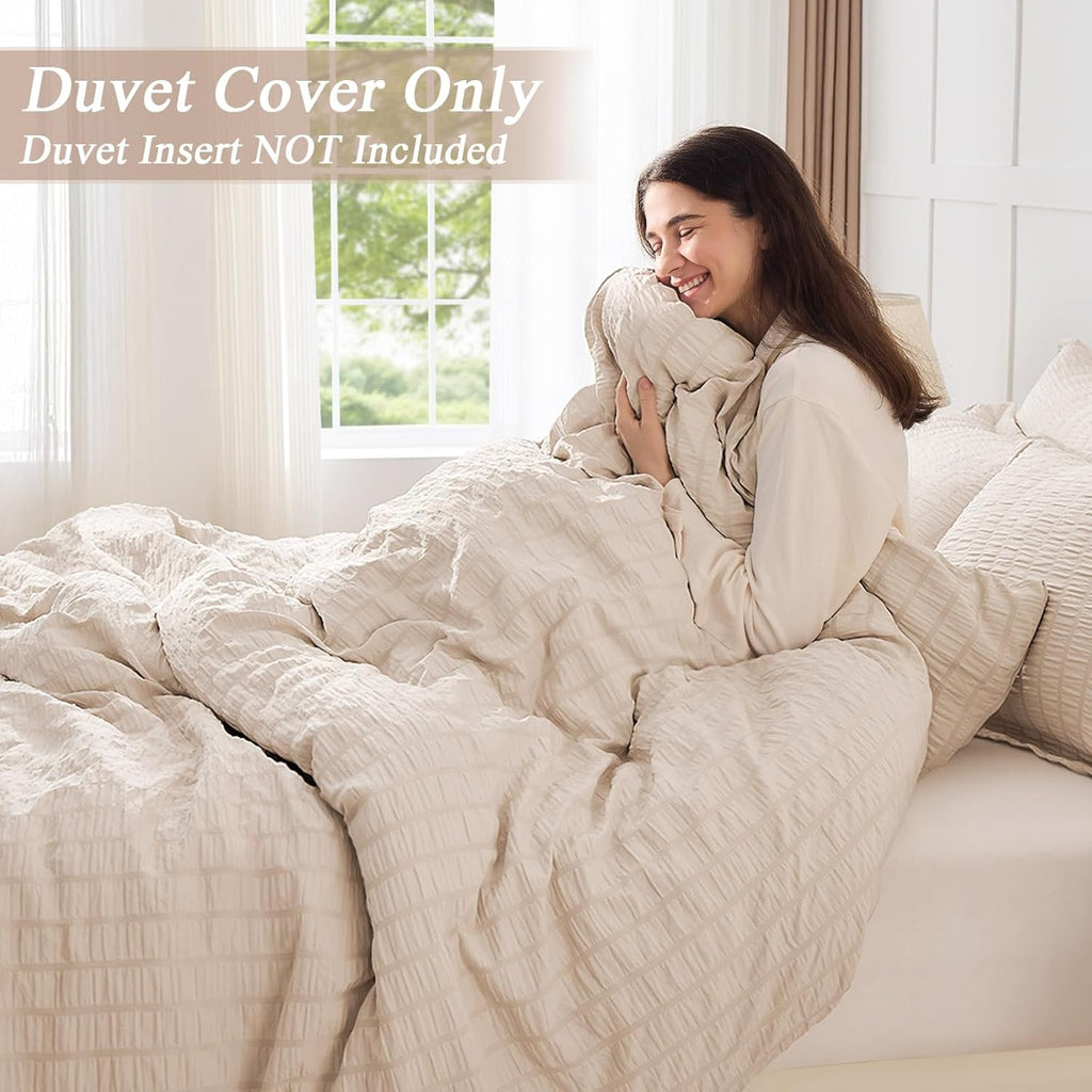 Beige Duvet Cover Queen, Super Soft Seersucker Queen Duvet Cover Set, 3-Piece Lightweight Duvet Cover with Zipper