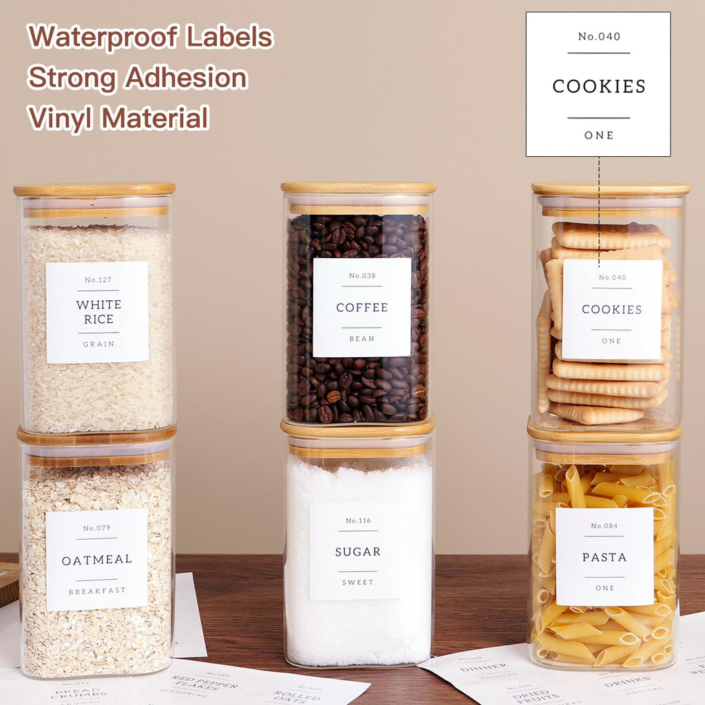 6 Pack Square Kitchen Storage Jars with Airtight Bamboo Lids and 132 Pantry Labels - 35oz Glass Canisters With Wood